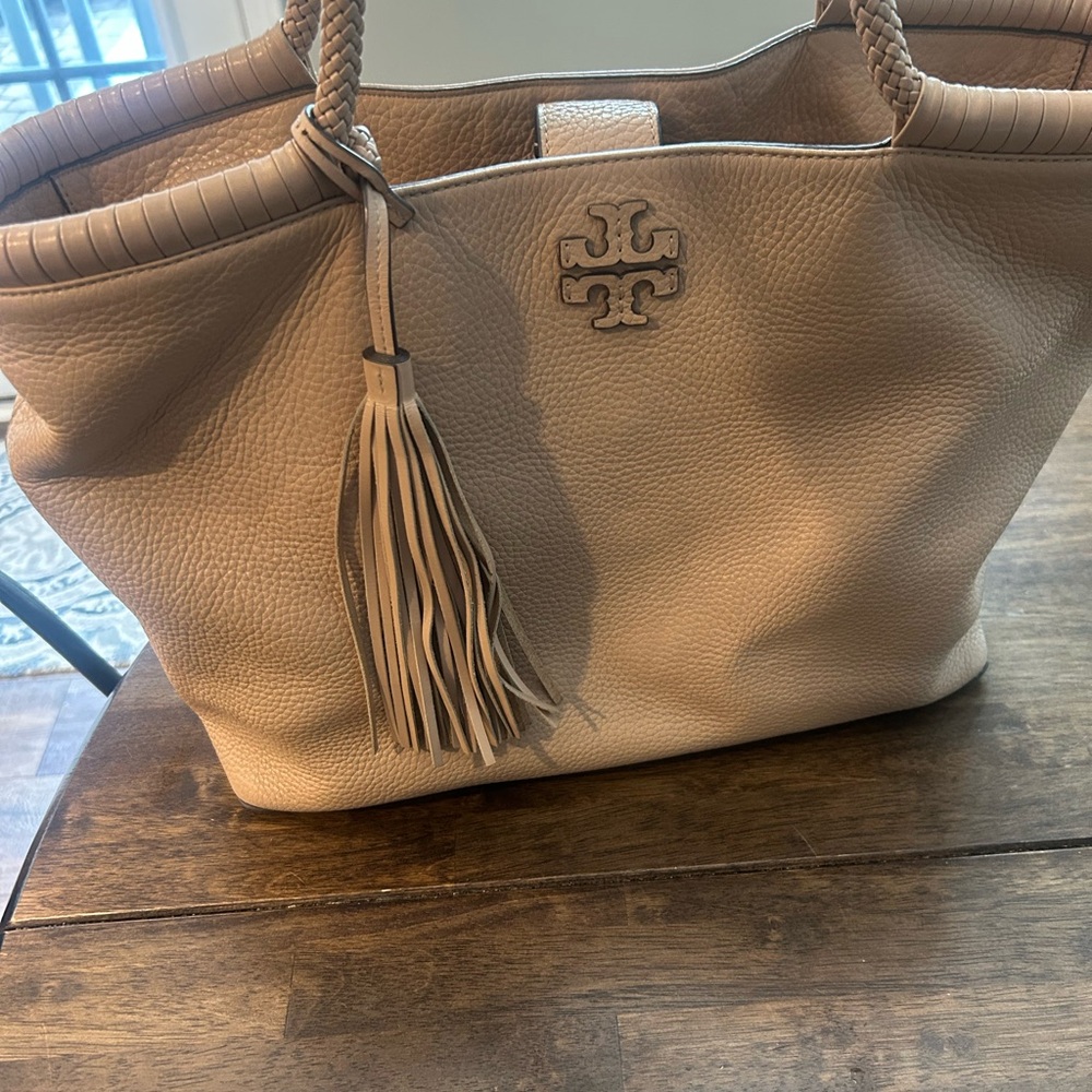 Tory Burch Tan Pebbled Leather Tote with Tassel 11x14.5